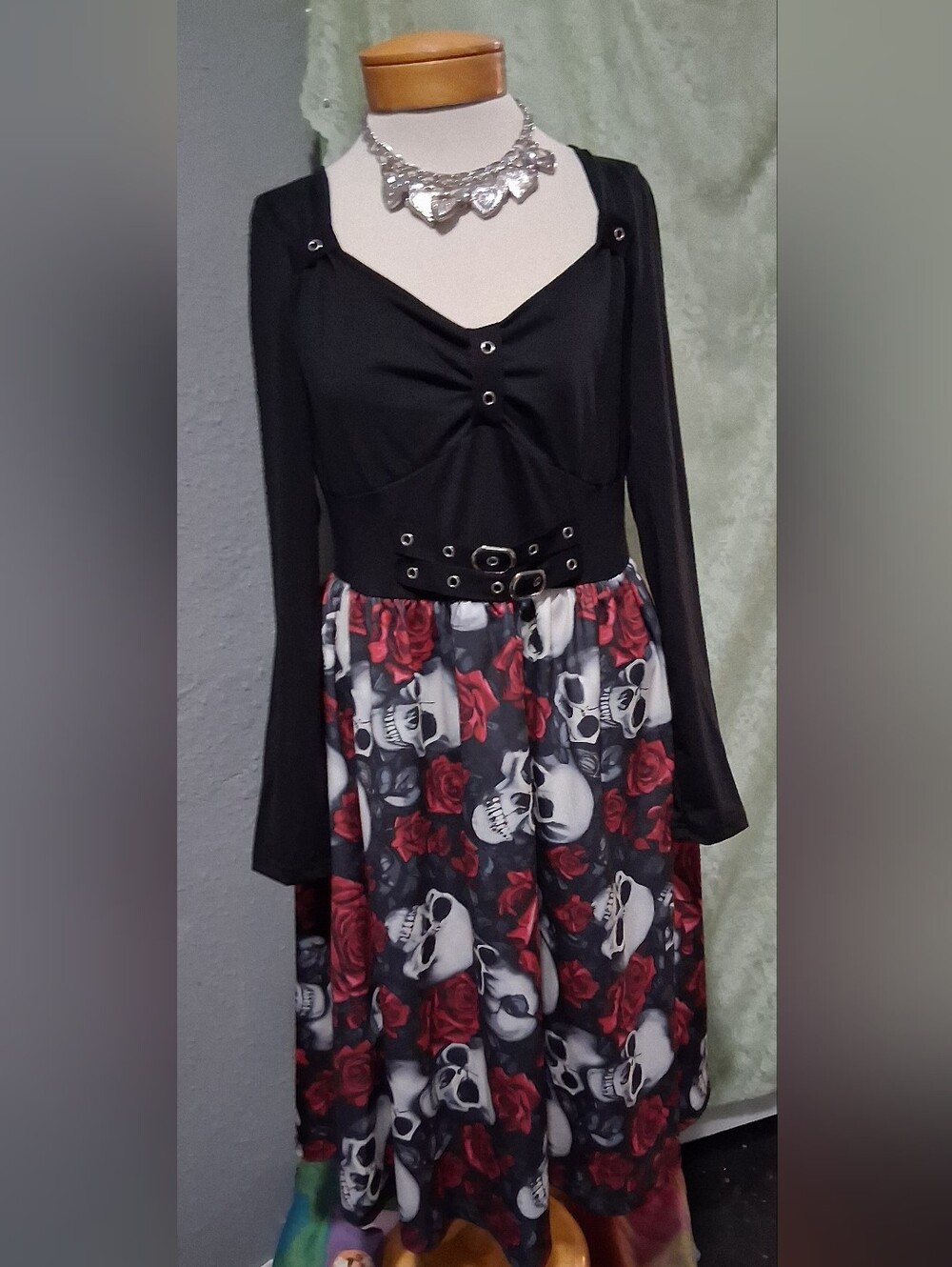 Black Rose & Skull Skater Midi Skirt Dress